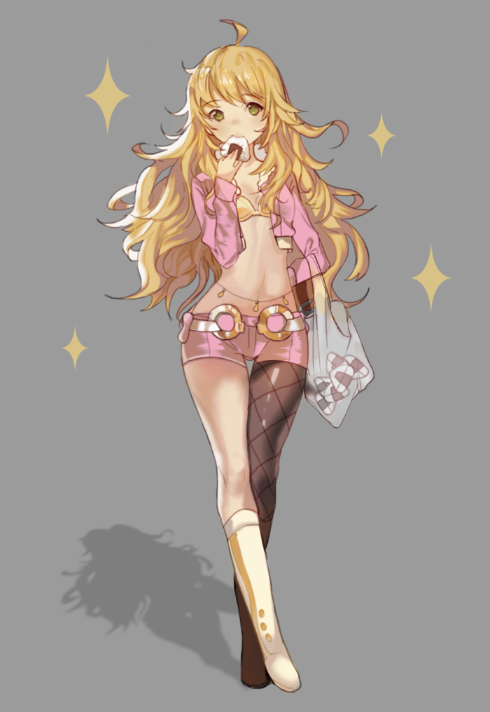 1girl, ahoge, arm_behind_back, asymmetrical_legwear, bag, blonde_hair, dlsso21, eating, food, full_body, green_eyes, grey_background, hoshii_miki, idolmaster, long_hair, mismatched_footwear, navel, onigiri, pink_diamond_765, plastic_bag, shadow, short_shorts, shorts, solo, sparkle, standing, thigh_gap