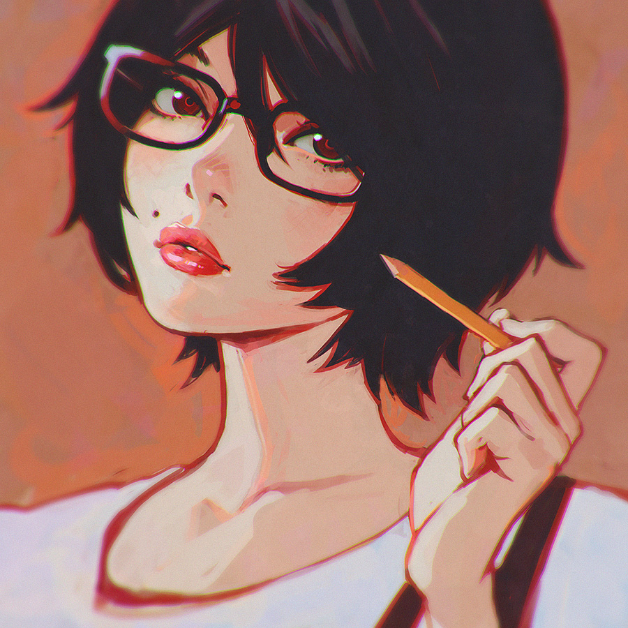 1girl, black-framed_glasses, black_hair, face, glasses, ilya_kuvshinov, lips, mole, nanjou_sachi, oyasumi_punpun, pencil, red_eyes, short_hair, solo