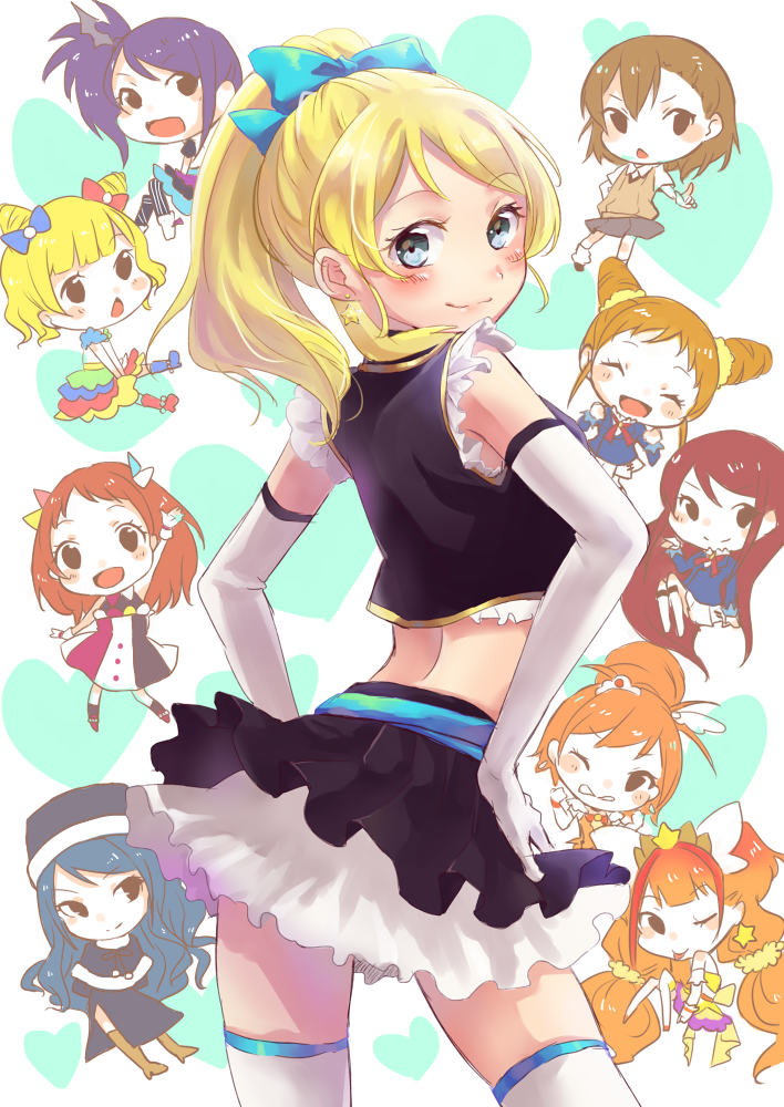 >:), 6+girls, :d, aikatsu!, arisugawa_otome, ayase_eli, bare_shoulders, blonde_hair