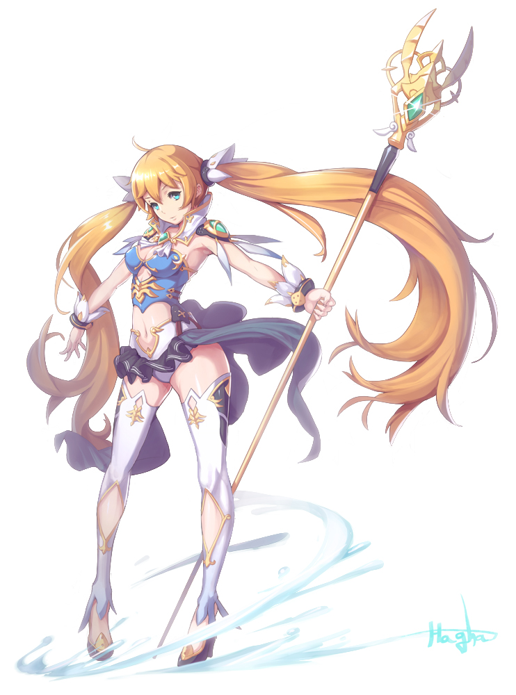 1girl, blonde_hair, blue_eyes, breasts, full_body, hagha, long_hair, navel