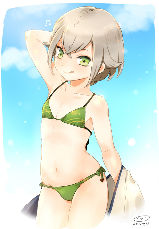 1boy, :q, arm_up, beamed_quavers, bikini, bulge, cowboy_shot, cropped_legs