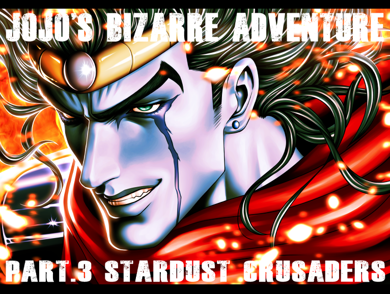 alternate_form, black_hair, copyright_name, earrings, facial_mark, green_eyes, headband, jewelry, jojo_no_kimyou_na_bouken, letterboxed, no_humans, scarf, shiny, smirk, star_platinum, wahrheit