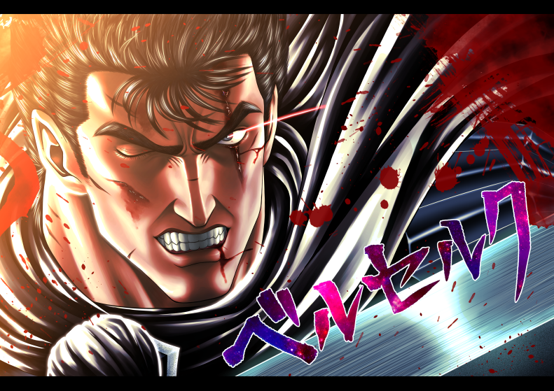 berserk, black_hair, blood, blood_splatter, blue_eyes, copyright_name, face, guts