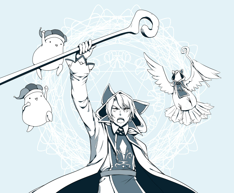 1boy, bangs, blue_background, dual_persona, hatoful_kareshi, holding, hoodie, magic_circle