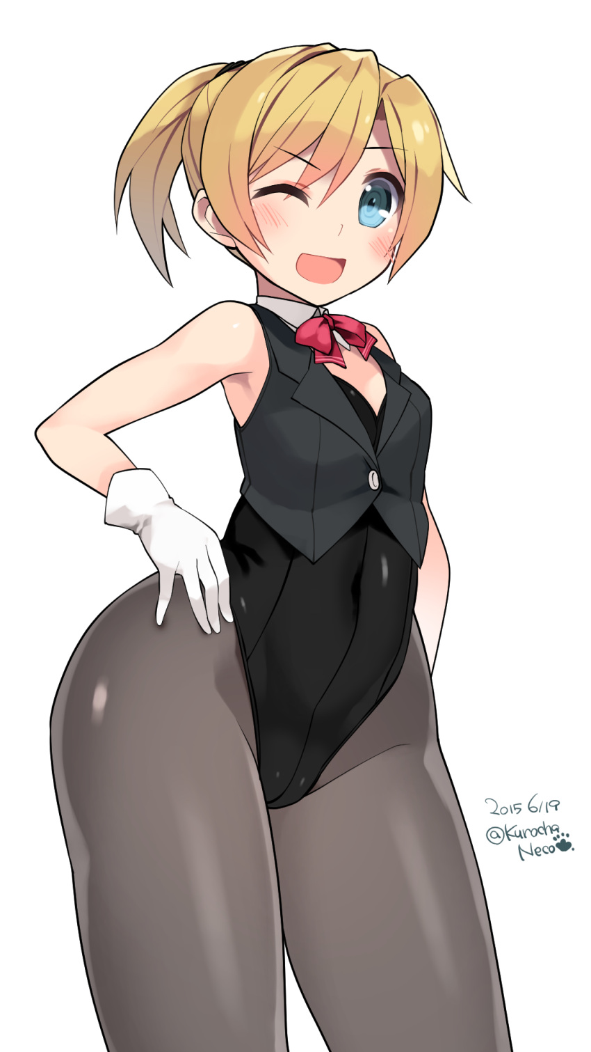 >;d, 1girl, 2015, black_legwear, blonde_hair, blue_eyes, blush, bowtie