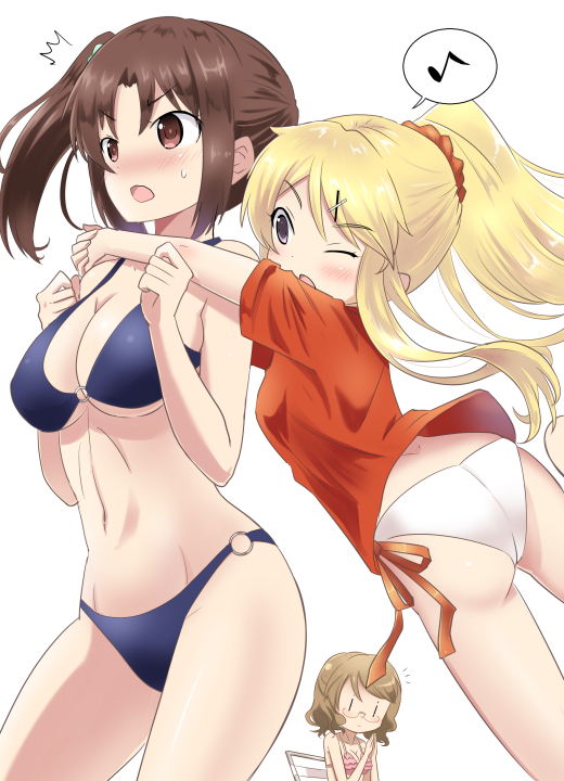 05_(passelclow), 3girls, bikini, black_eyes, blonde_hair, brown_eyes, brown_hair, hug
