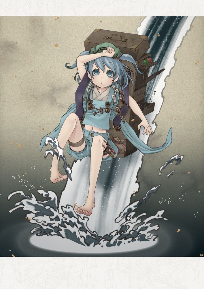 1girl, arm_up, backpack, bag, barefoot, blue_eyes, blue_hair, hair_bobbles
