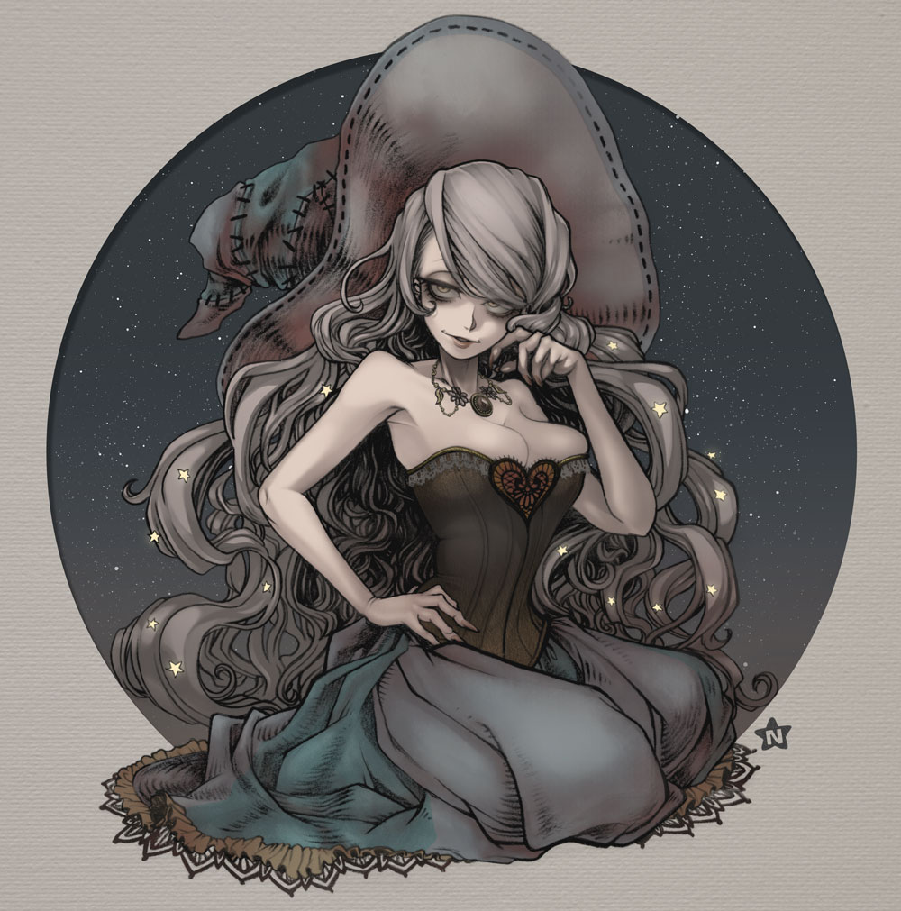 1girl, bare_shoulders, chin_rest, corset, grey_hair, hat, hoshi_nawoki, long_hair