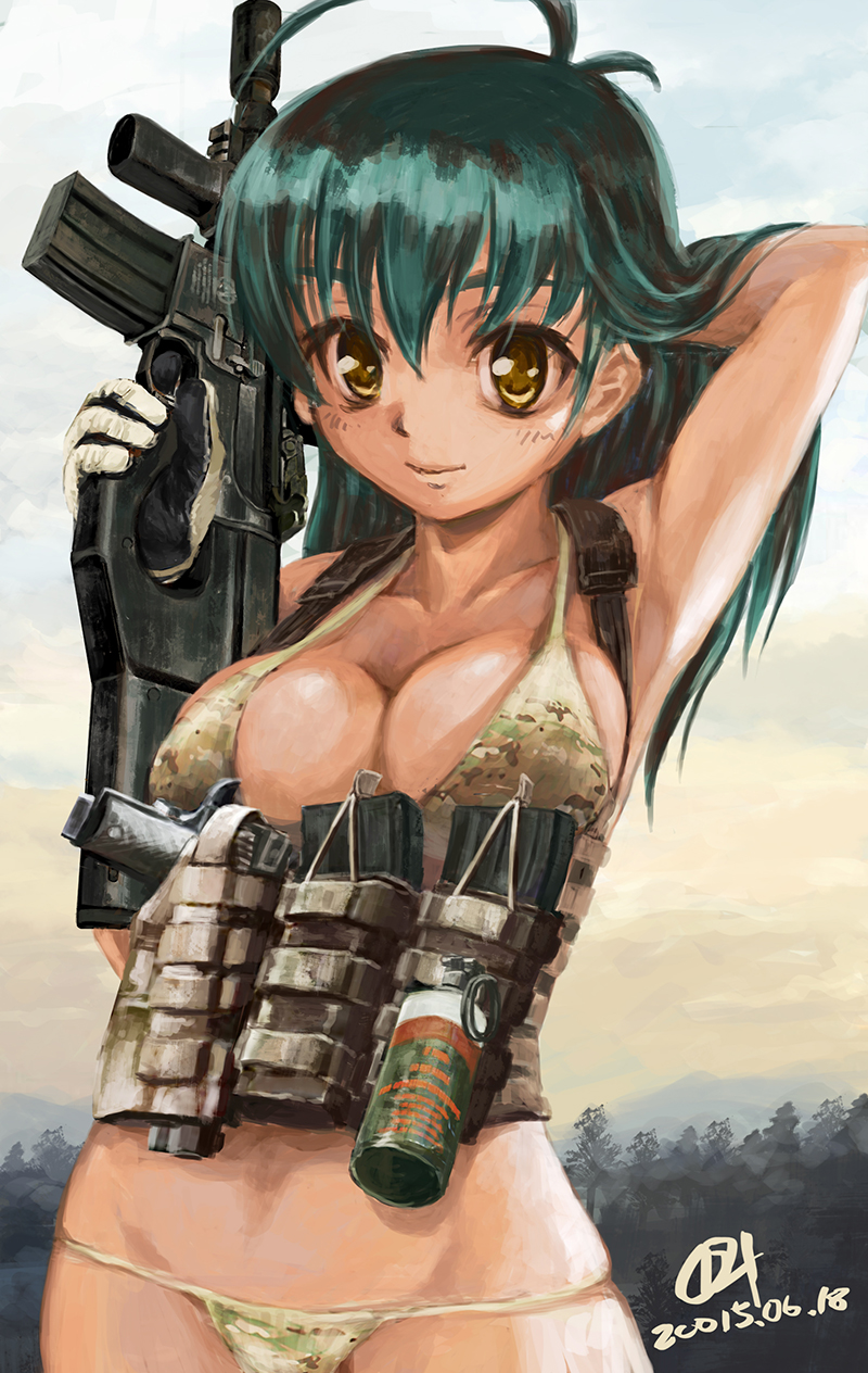 1girl, arm_up, armpits, assault_rifle, bikini, blonde_hair, breasts, camouflage