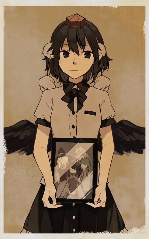 1girl, black_hair, black_wings, blonde_hair, bow, brown_hair, detached_sleeves, green_hair