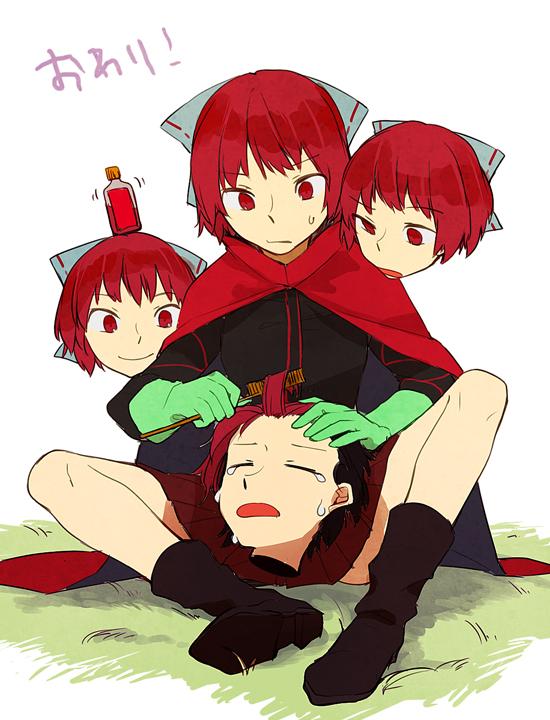 1girl, bottle, bow, cape, combing, disembodied_head, hair_bow, hair_dye