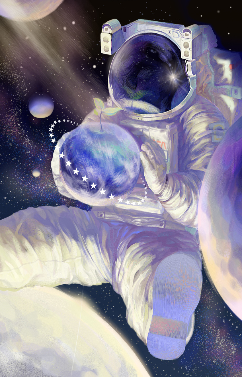 absurdres, astronaut, character_request, faux_traditional_media, highres, leaf, planet, plant, reflection, solo, space, spacesuit, star, toiya, uchuu_kyoudai