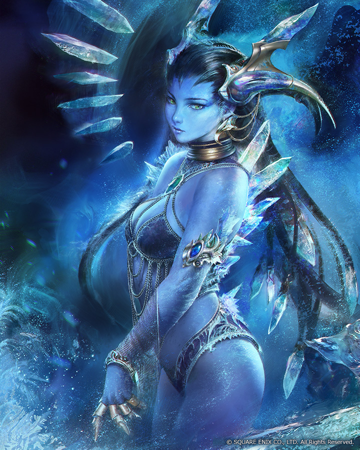 agnidevi, bikini, black_hair, blue_skin, breasts, cleavage, final_fantasy, green_eyes, horns, ice, long_hair, shiva_(final_fantasy), swimsuit