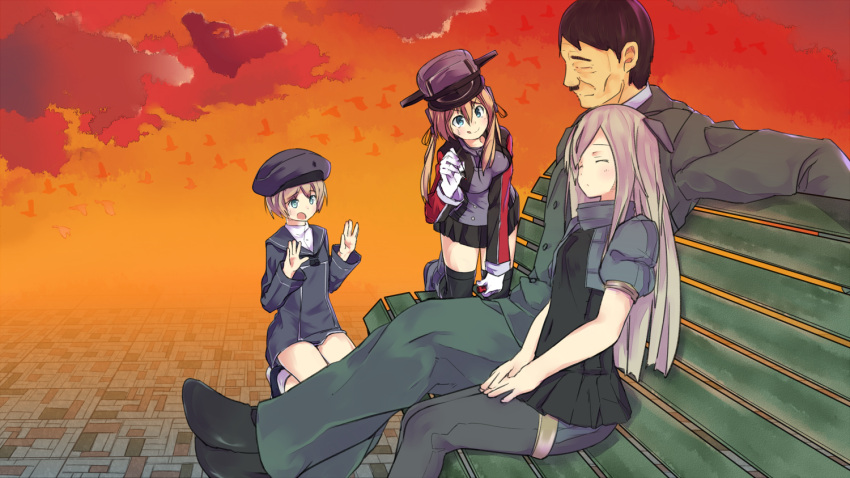 1boy, 3girls, :p, adolf_hitler, beret, black_legwear, blonde_hair, bodysuit