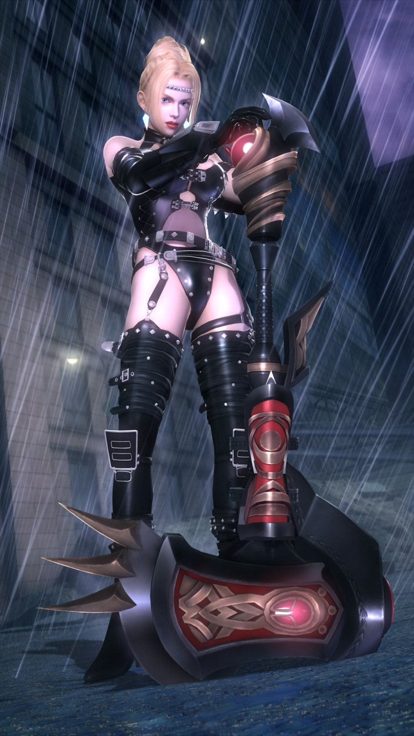 belts, blonde_hair, blue_hair, boots, breasts, building, cg, earrings