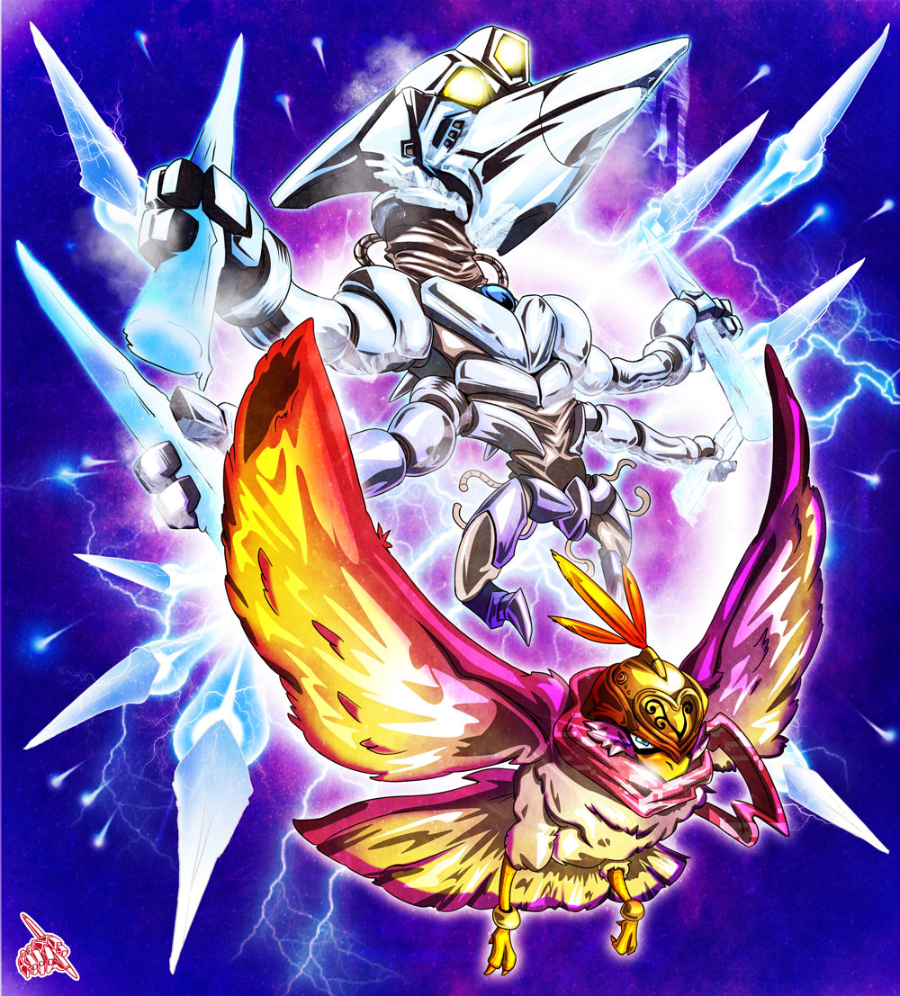 bird, blue_eyes, falcon, feathers, helmet, horus_(stand), ice, jojo_no_kimyou_na_bouken