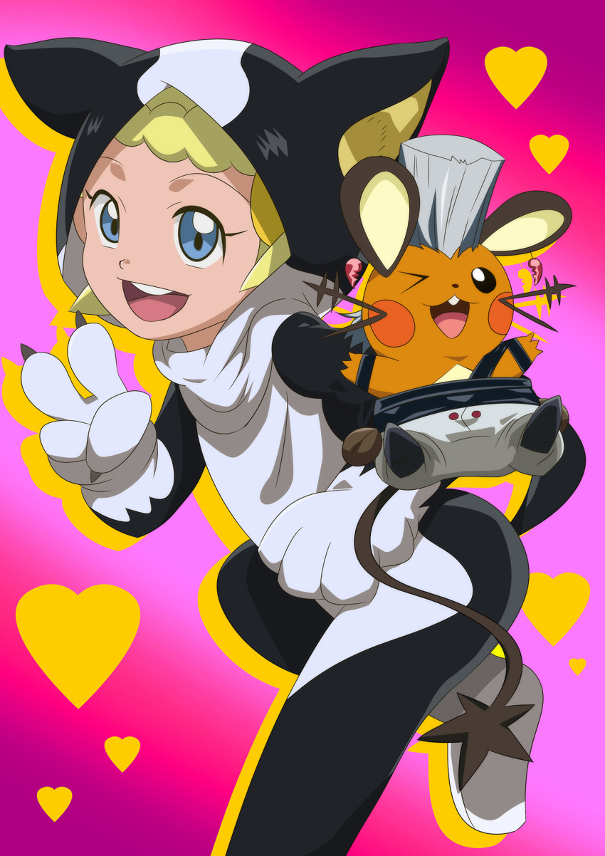;), animal_costume, blonde_hair, blue_eyes, character_request, dedenne, dog_costume, earrings