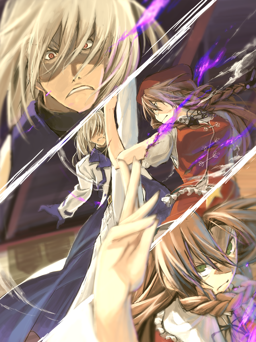 1boy, 1girl, alternate_color, angry, blonde_hair, brown_hair, chinese_clothes, comic
