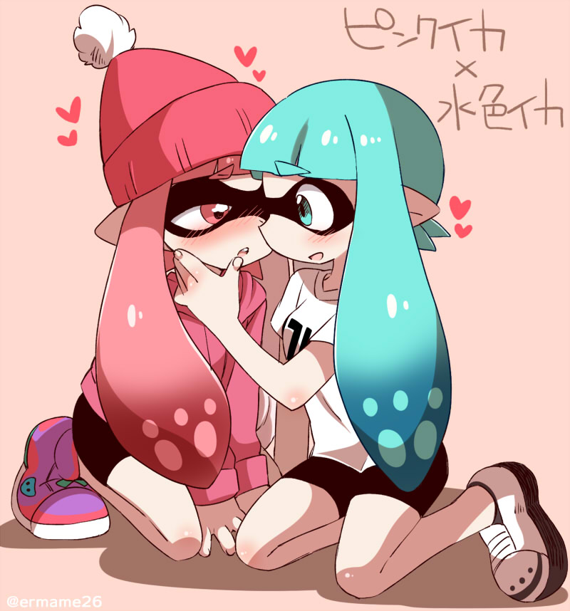2girls, animal_humanoid, anthro, bike_shorts, blue_eyes, blue_hair, blush, cephalopod, cephalopod_humanoid, eromame, hat, heart, hoodie, humanoid, inkling, inkling_girl, kaori_(splatoon), long_hair, mask, mask_(marking), mizuho_(splatoon), multiple_girls, open_mouth, pointy_ears, pseudo_hair, red_eyes, redhead, shoes, simple_background, smile, sneakers, splatoon, splatoon_(series), squid, t-shirt, tentacle, tentacle_hair, translated, yuri