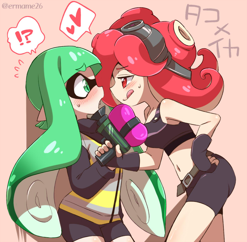 !?, 2girls, :p, artist_name, bike_shorts, blush, commentary, domino_mask