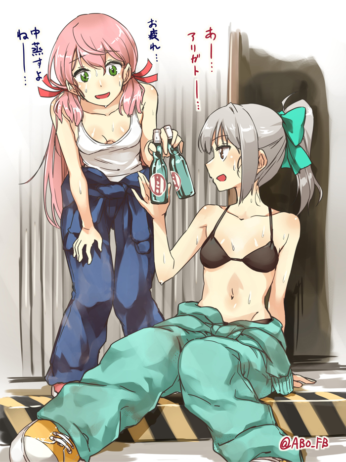 2girls, abo_(hechouchou), akashi_(kantai_collection), bangs, bare_shoulders, bikini, black_bikini, blunt_bangs