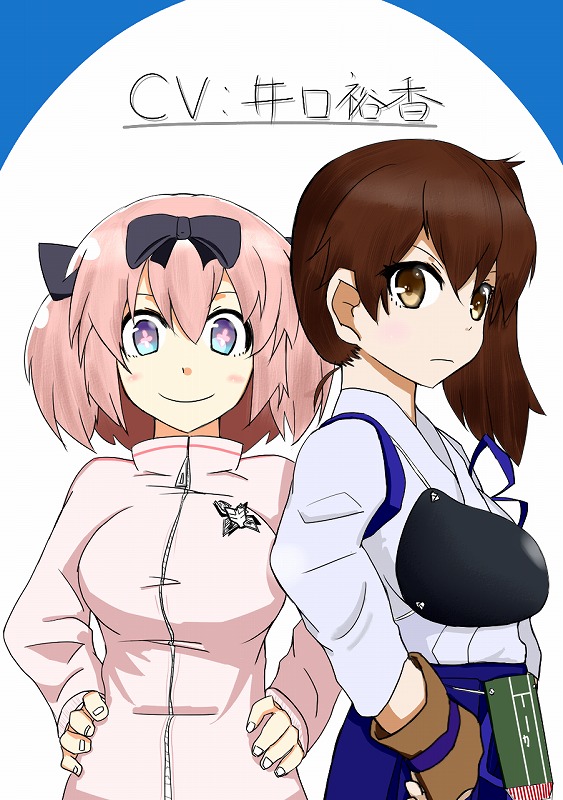 +_+, 2girls, blue_eyes, blush, bow, breasts, brown_eyes, brown_hair