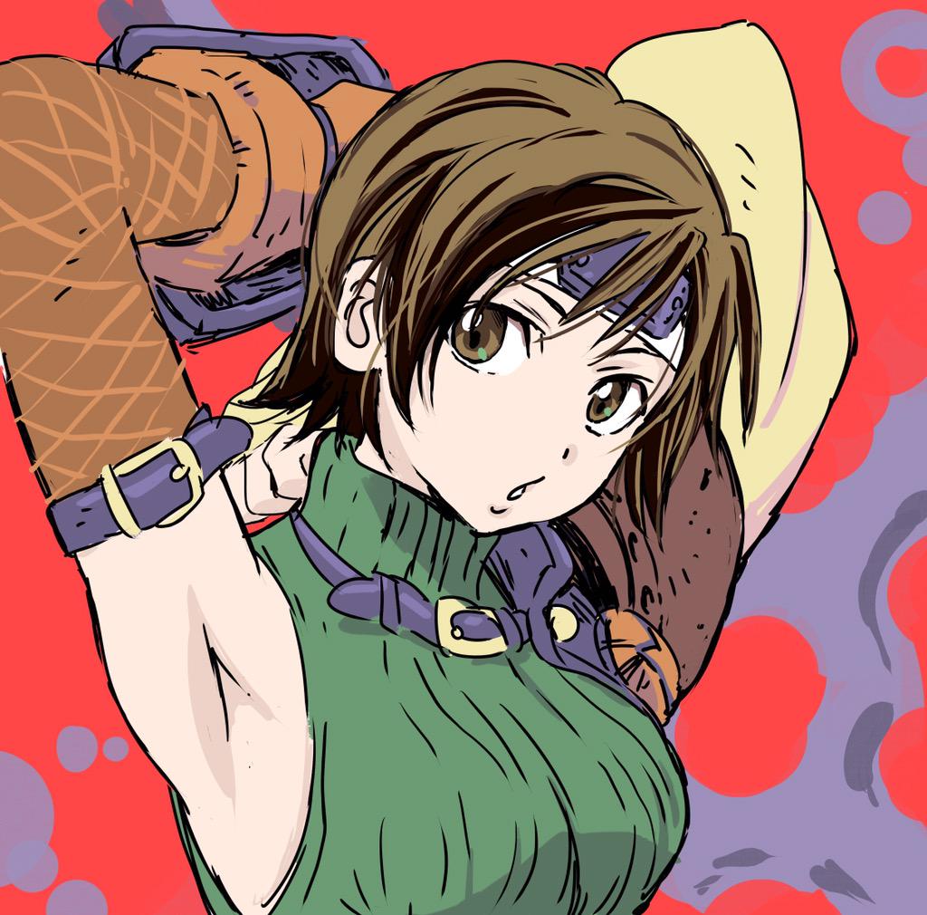 1girl, armpits, arms_behind_head, arms_up, belt, brown_eyes, brown_hair, final_fantasy