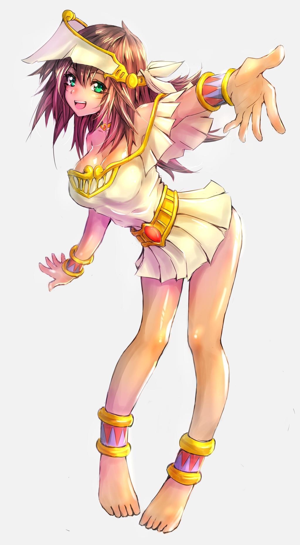 1girl, anklet, barefoot, bracelet, brown, dark_skin, dio_uryyy, dress, egyptian, egyptian_clothes, highres, jewelry, mana_(yuu-gi-ou), short_dress, tan, yuu-gi-ou