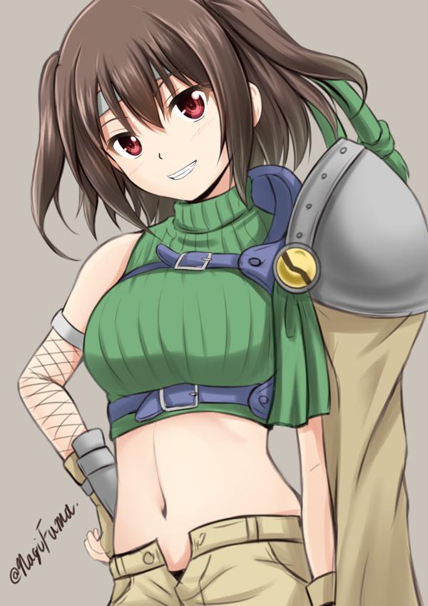 >:d, 1girl, :d, brown_hair, cosplay, final_fantasy, fuuma_nagi, headband