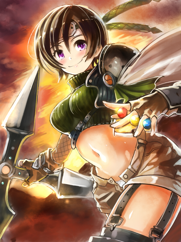 1girl, armor, blush, breasts, brown_hair, commentary_request, edobox, final_fantasy, final_fantasy_vii, fingerless_gloves, fuuma_shuriken, gloves, headband, looking_at_viewer, materia, midriff, navel, short_hair, shorts, sleeveless, sleeveless_turtleneck, smile, solo, turtleneck, violet_eyes, yuffie_kisaragi