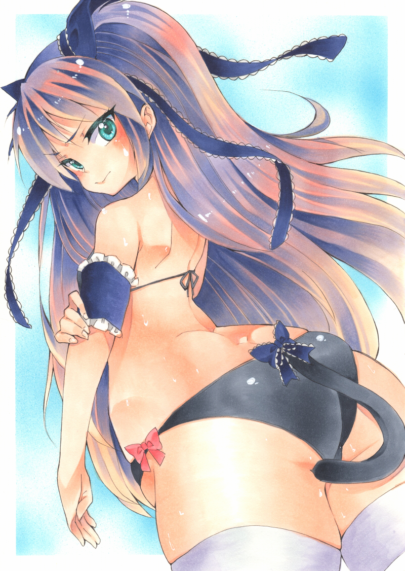 1girl, ass, bikini, blue_eyes, little_busters!!, long_hair, marker_(medium), purple_hair