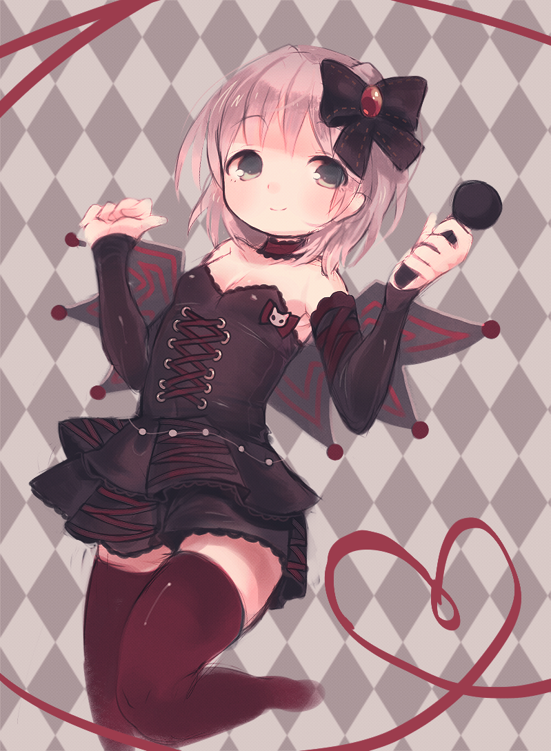 1girl, argyle, argyle_background, black_bow, black_hair, black_skirt, black_wings, bow