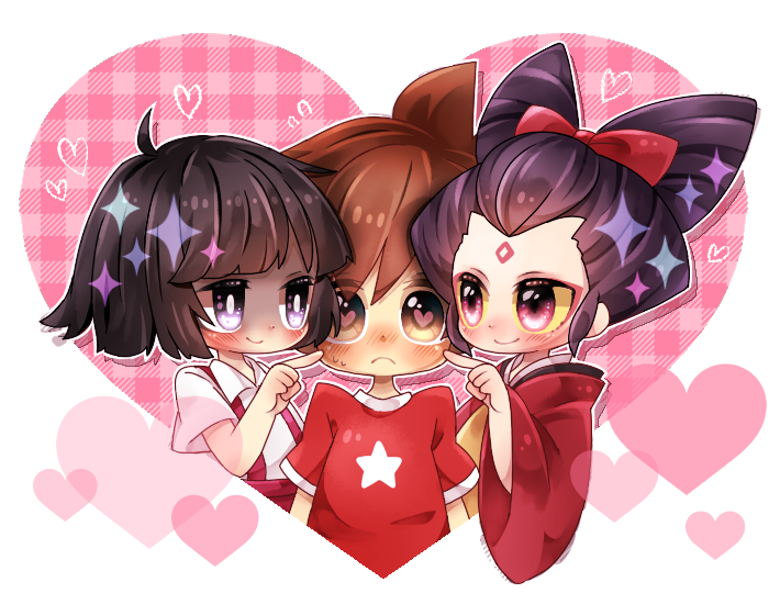 1boy, 2girls, amano_keita, bangs, black_hair, blush, brown_hair, frown