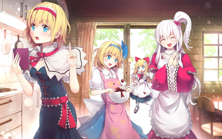 4girls, :d, alice_margatroid, alice_margatroid_(pc-98), apron, blonde_hair, blue_eyes, blush, breasts, cabinet, capelet, chair, chocolate, chocolate_making, cleavage, culter, curtains, door, dress, dual_persona, eyelashes, frying_pan, hair_bobbles, hair_ornament, hairband, hands_together, highres, index_finger_raised, kitchen, long_hair, long_sleeves, mixing_bowl, multiple_girls, one_side_up, open_mouth, pantyhose, pink_apron, pointing, pointing_up, ribbon, shanghai_doll, shinki, short, short_hair, short_sleeves, side_ponytail, silver_hair, sliding_doors, smile, spatula, sweatdrop, table, time_paradox, touhou, touhou_(pc-98), wallpaper, window