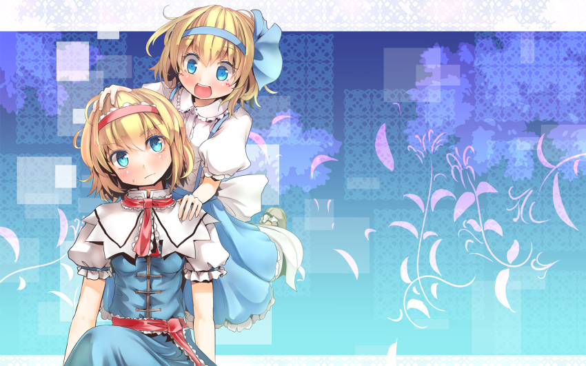 2girls, alice_margatroid, alice_margatroid_(pc-98), blonde_hair, blue_background, blue_bow, blue_dress, blue_eyes