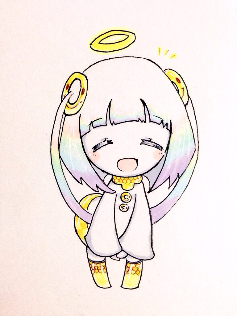 0-chan_(keigozoo), 1girl, :d, ^_^, bangs, blush_stickers, chibi, closed_eyes, hair_rings, halo, ink_blender, marker_(medium), multicolored_hair, open_mouth, original, personification, rainbow_hair, short_hair_with_long_locks, simple_background, smile, solo, standing, thigh-highs, traditional_media, v_arms, white_background, white_hair, wide_sleeves, yellow_legwear, zettai_ryouiki, zoo_(keigozoo)