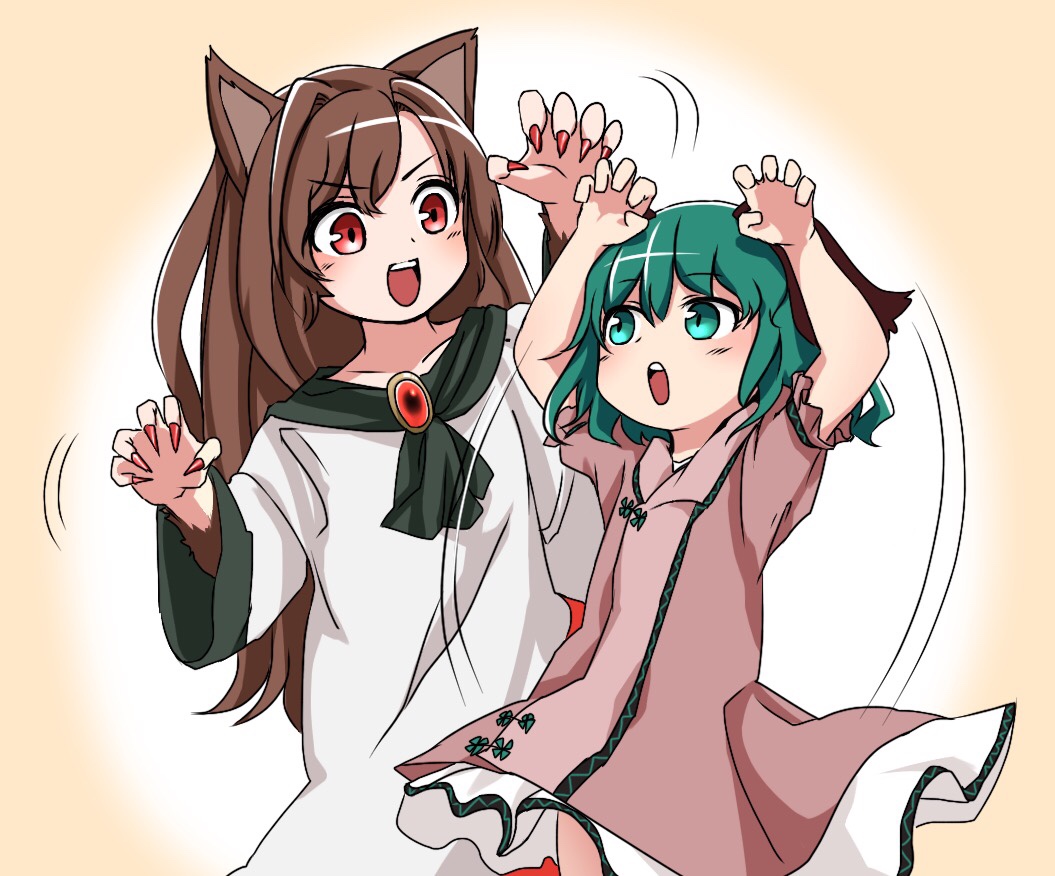 >:d, 2girls, :d, ameyu, animal_ears, brown_hair, claw_pose, commentary