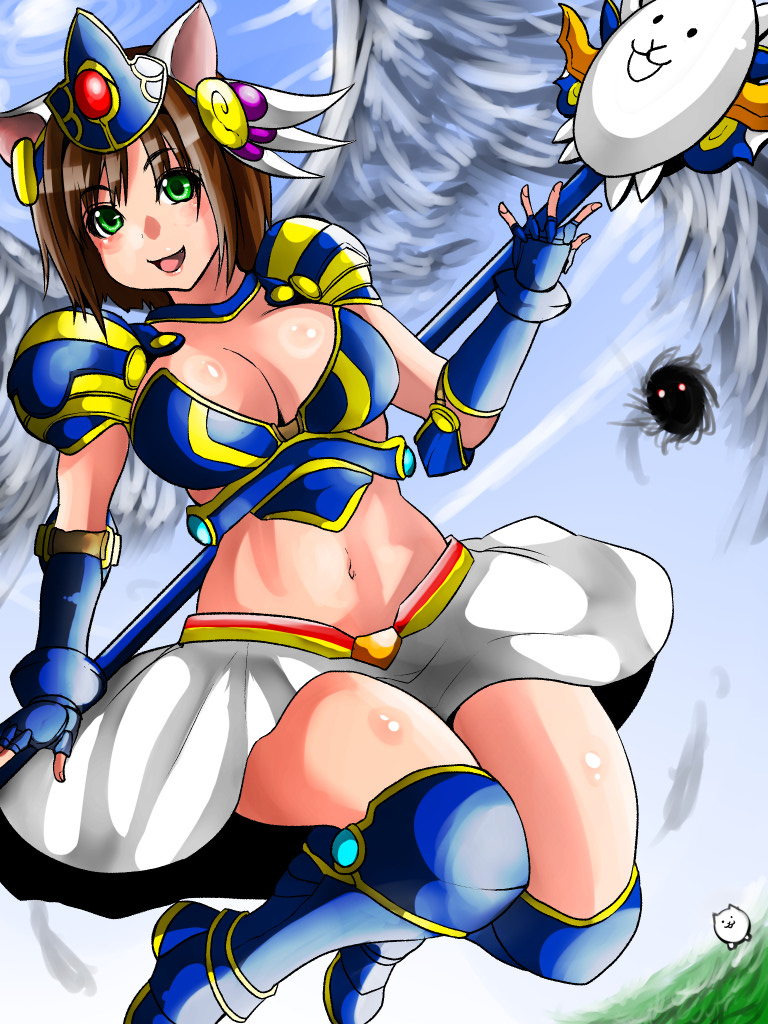 1girl, angel_wings, animal_ears, armor, armored_dress, breasts, brown_hair, cat_(battle_cats)