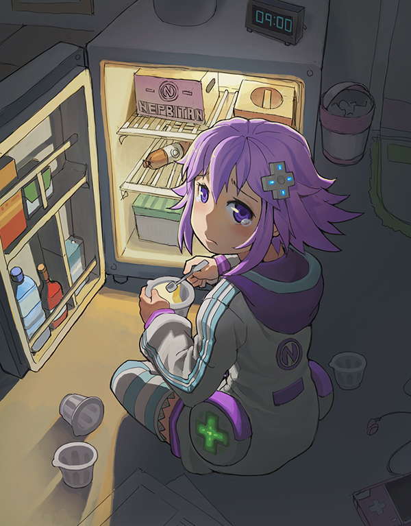 1girl, bottle, carton, clock, d-pad, earphones, earphones, frown, full_body, hair_ornament, handheld_game_console, holding, holding_spoon, hooded_track_jacket, jacket, long_sleeves, looking_at_viewer, looking_back, neptune_(choujigen_game_neptune), neptune_(series), number, paper, pudding, purple_hair, refrigerator, segamark, sitting, solo, spoon, striped, striped_legwear, tears, thigh-highs, violet_eyes, wastebasket