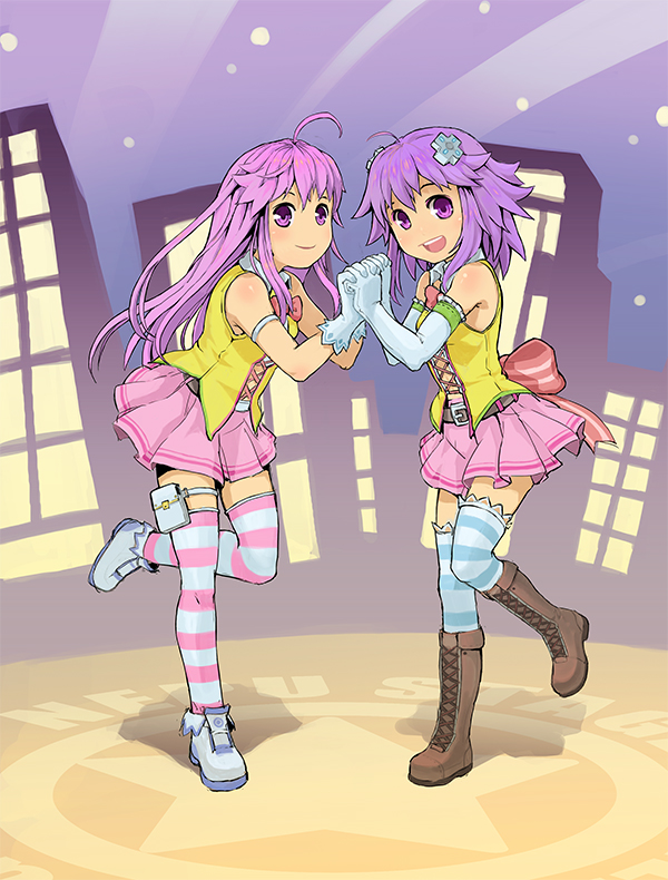 2girls, choujigen_game_neptune, d-pad, hair_ornament, holding_hands, jacket, multiple_girls, nepgear