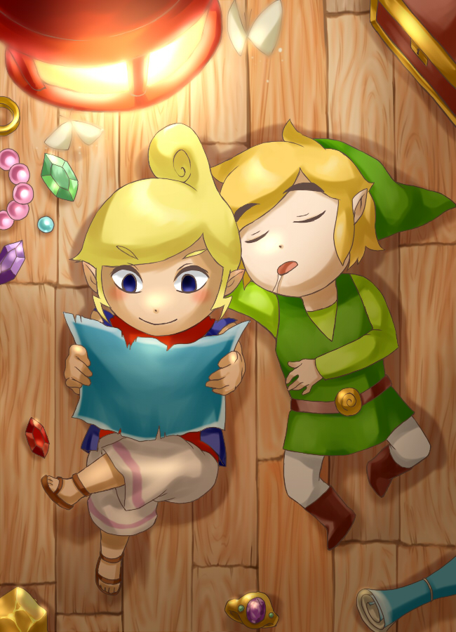 1boy, 1girl, blonde_hair, blue_eyes, dark_skin, drooling, from_above, link