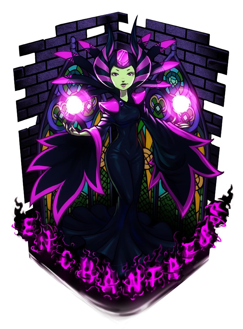 1girl, black_hair, character_name, curvy, dual_wielding, enchantress_(shovel_knight), forehead_jewel, green_skin