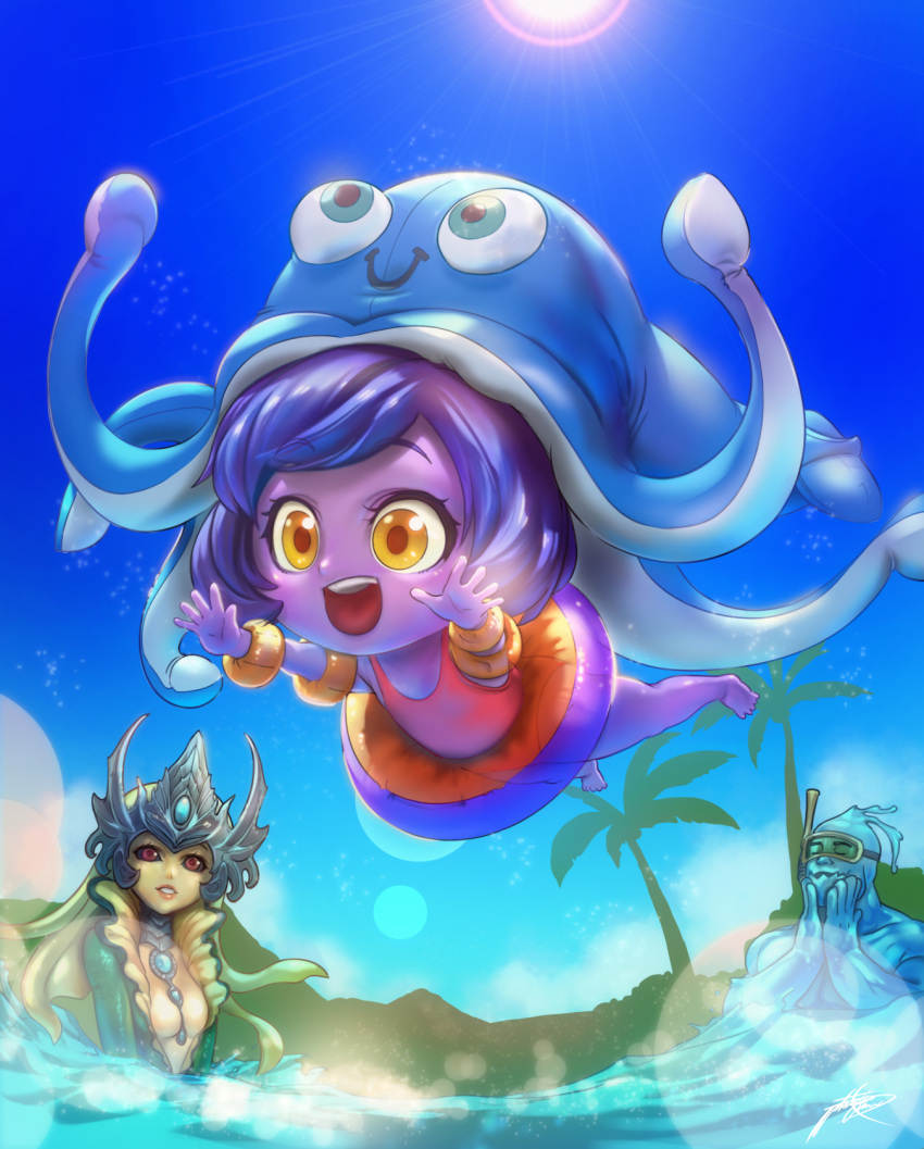 1boy, 2girls, alternate_skin_color, animal_hat, arms, barefoot, black_sclera, blue_skin