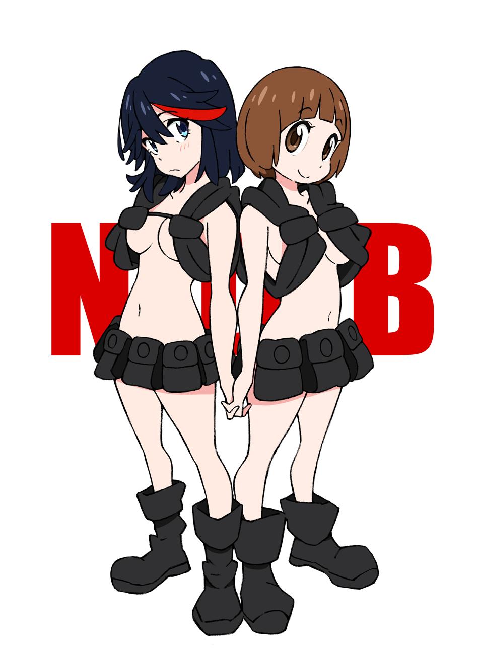 2girls, alternate_costume, armpit_holster, belt, black_hair, blue_eyes, boots, breasts