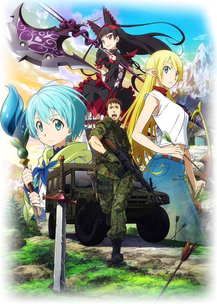 1boy, 3girls, aqua_eyes, arrow, artist_request, axe, battle_rifle, black_hair