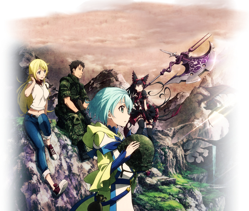 1boy, 3girls, axe, battle_rifle, black_hair, blonde_hair, camouflage, elf, gate_-_jieitai_ka_no_chi_nite_kaku_tatakaeri, gun, halberd, helmet, howa_type_64, itami_youji, jgsdf_(camo), lelei_la_lalena, lolita_fashion, long_hair, military, military_uniform, multiple_girls, pointy_ears, polearm, poleaxe, rifle, rory_mercury, sword, tuka_luna_marceau, uniform, weapon