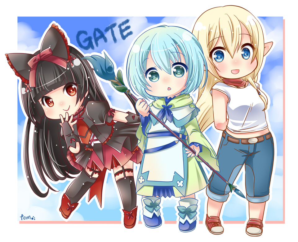 3girls, arms_behind_back, black_hair, blonde_hair, blue_eyes, blue_hair, bridal_gauntlets, chibi, copyright_name, elf, full_body, gate_-_jieitai_ka_no_chi_nite_kaku_tatakaeri, green_eyes, lelei_la_lalena, long_hair, multiple_girls, pointy_ears, red_eyes, rory_mercury, signature, smile, staff, thigh-highs, tomo_(tomobeya), tuka_luna_marceau, very_long_hair