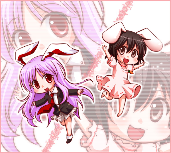 2girls, animal_ears, barefoot, black_hair, blazer, brown_eyes, chibi, commentary_request