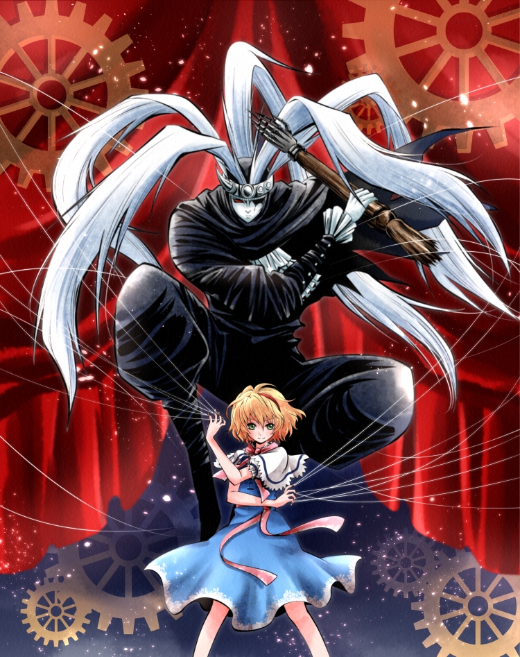 1girl, alice_margatroid, blonde_hair, blue_eyes, capelet, commentary_request, crossover, doll