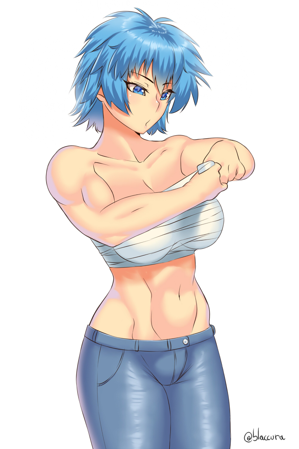 1girl, bandages, blue_eyes, blue_hair, breasts, burakku-ra, denim, groin, highres, jeans, large_breasts, looking_down, muscle, navel, original, pants, sarashi, simple_background, solo, thighs, toned, white_background